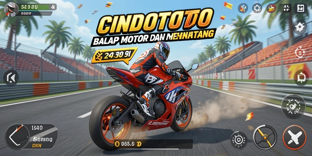 Screenshot gameplay CINDOTOTO menampilkan balapan motor yang seru dan mendebarkan.