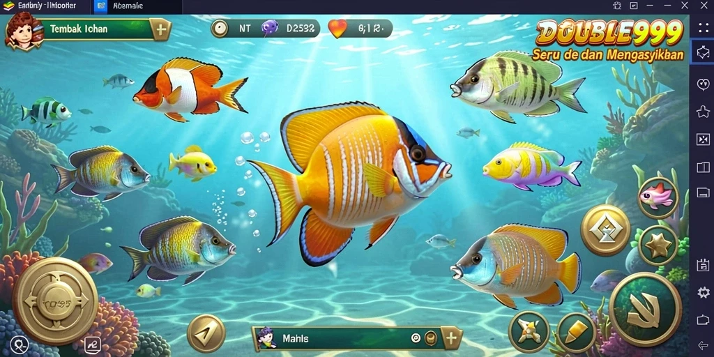Tampilan gameplay seru dalam DOUBLE999 dengan ikan berwarna-warni.