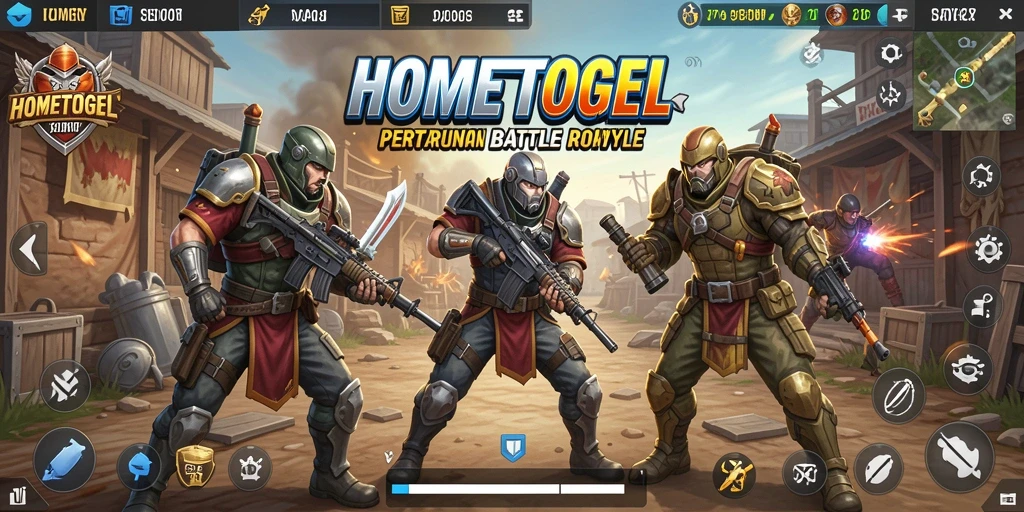 Tampilan utama HOMETOGEL menampilkan aksi pertempuran Battle Royale yang mendebarkan.