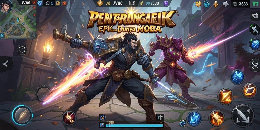 Screenshot gameplay JV88 menampilkan aksi seru di arena MOBA.