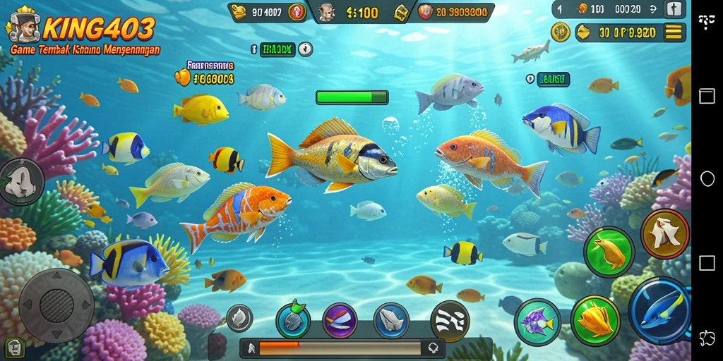 Screenshot KING403 menunjukkan aksi seru menembak ikan di lautan.