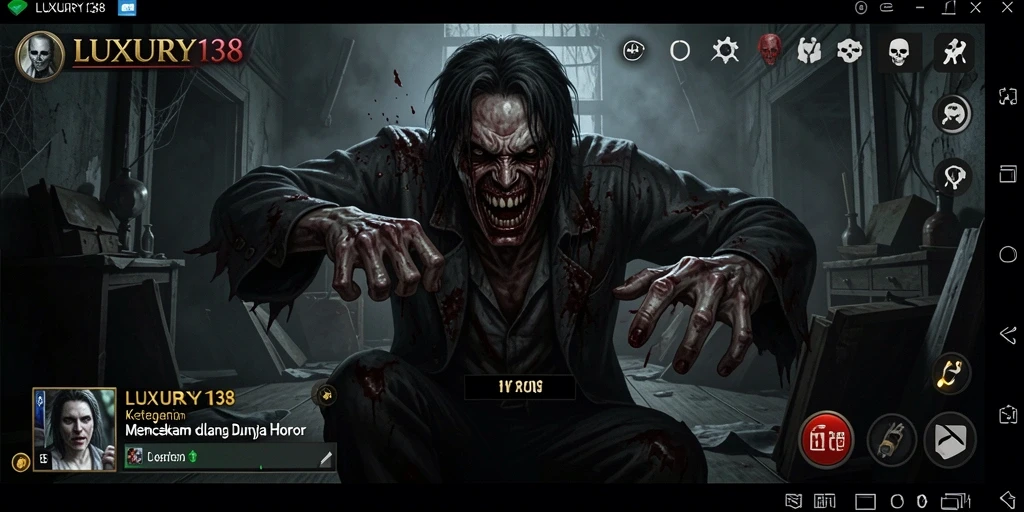 Screenshot gameplay <strong>LUXURY138</strong> menampilkan suasana horor yang mengerikan dan menegangkan.