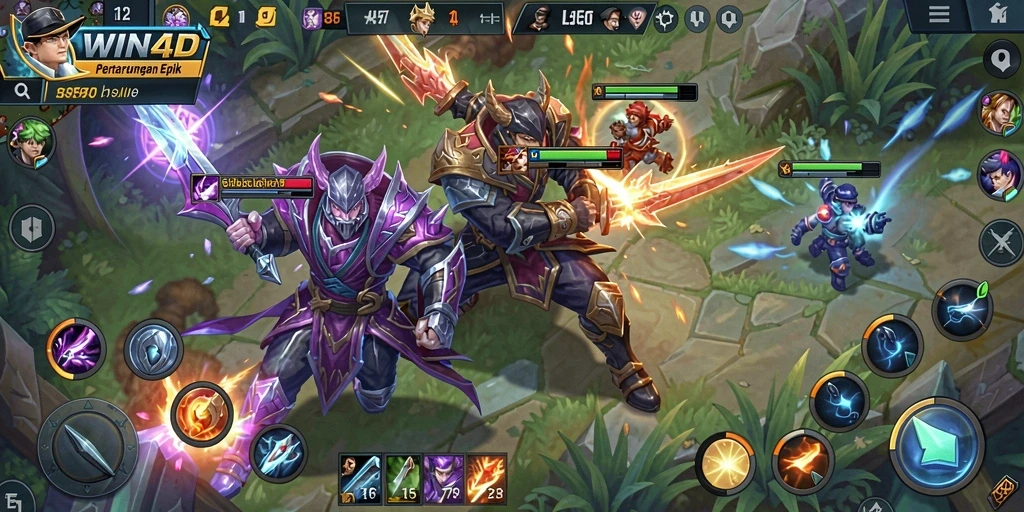Screenshot gameplay WIN4D yang menampilkan pertempuran sengit antar tim.